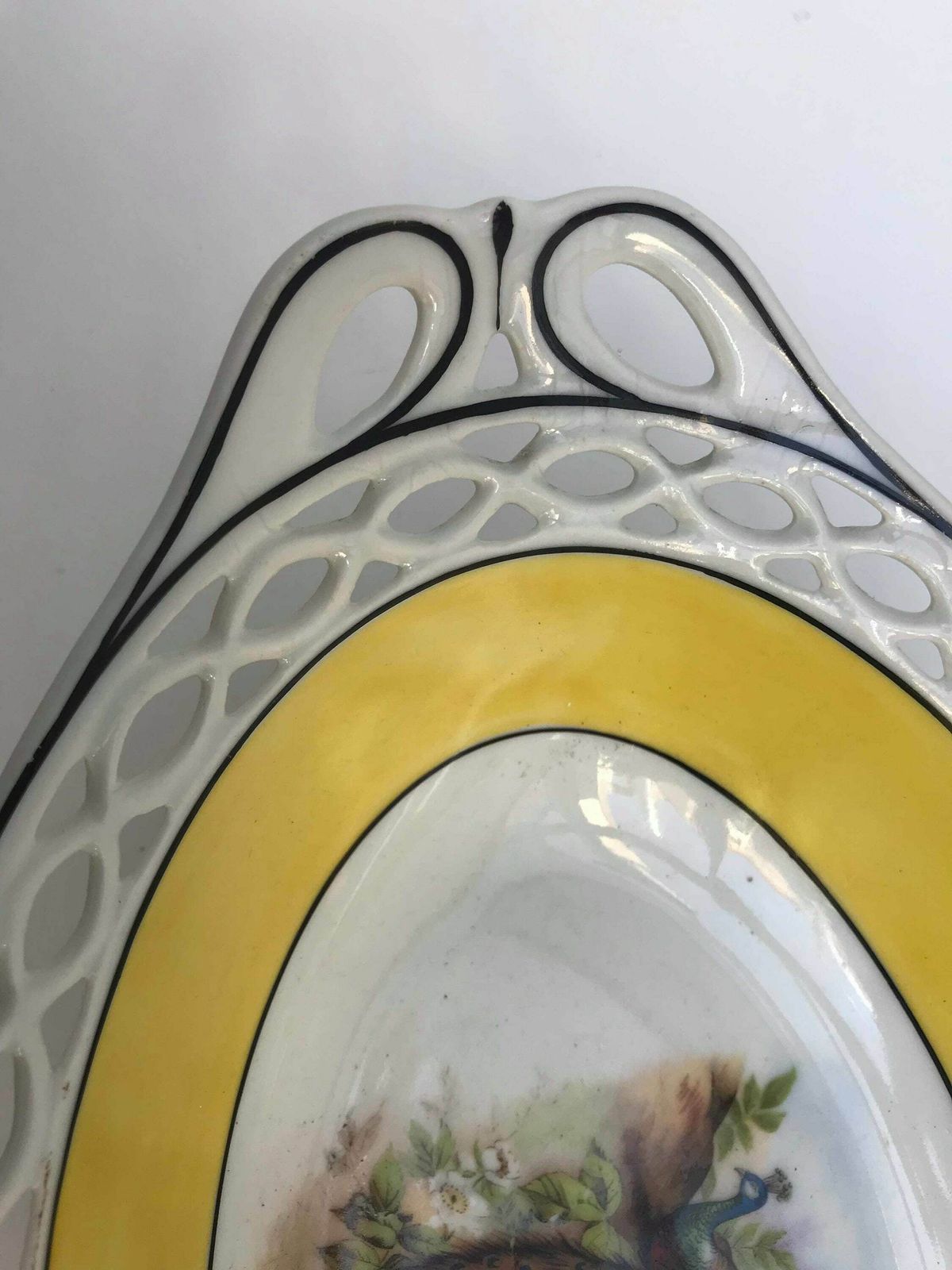 Antique Serving Dish Reticulated Porcelain Oval Open Work Bread Basket Veggie Dish Germany Bread Bowl Plate Dish Hand Painted Bird Peacock photo vinterior