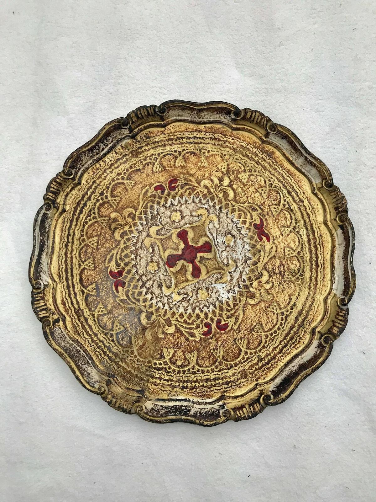 Large Round Tray Florentine Red And Gilt Old Italian Plateau In Florentine Style Handmade Hollywood Regency Bar Tray Wedding Gift photo vinterior