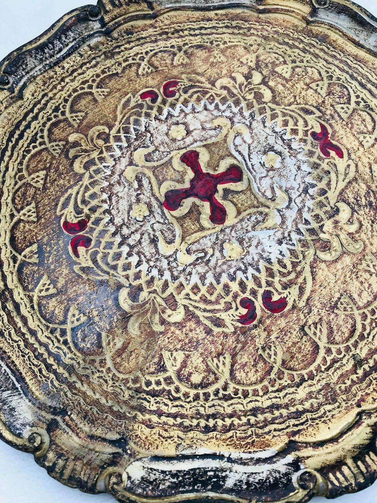 photo for sale Large Round Tray Florentine Red And Gilt Old Italian Plateau In Florentine Style Handmade Hollywood Regency Bar Tray Wedding Gift