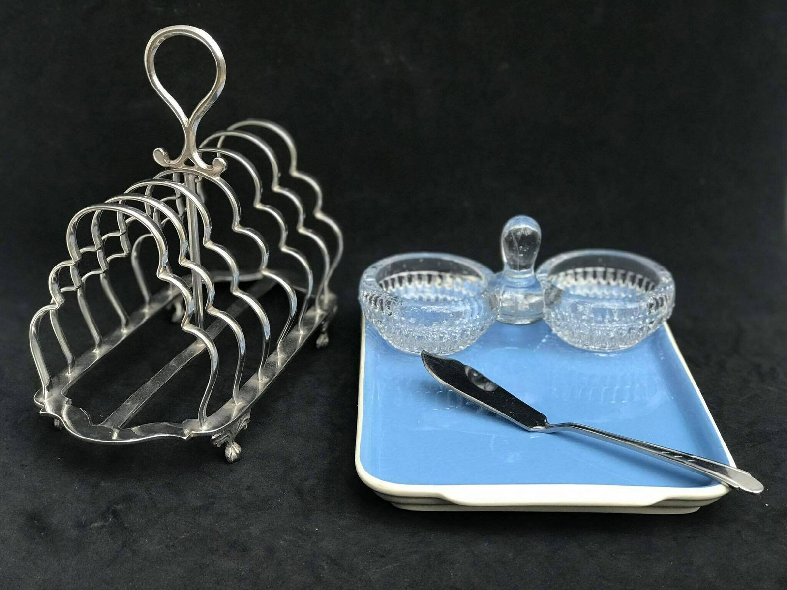 photo for sale Vintage Breakfast Set, Mid Century Modern, Toast Holder Boch Butter Dish Pepper Salt Mcm