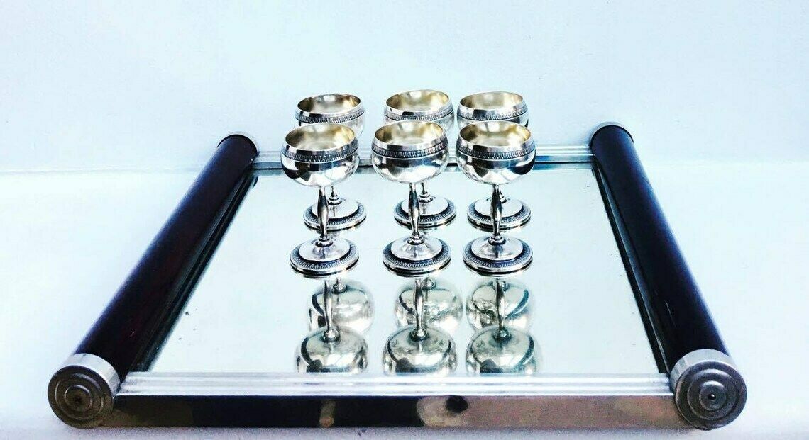 Six, Liqueur Glasses, Metal Shot, Glass, Set Tequila Shots, Silvered Metal Liqueur Service Louis XVI Metal Shot Glass Set, Bar Accessorie photo furniture