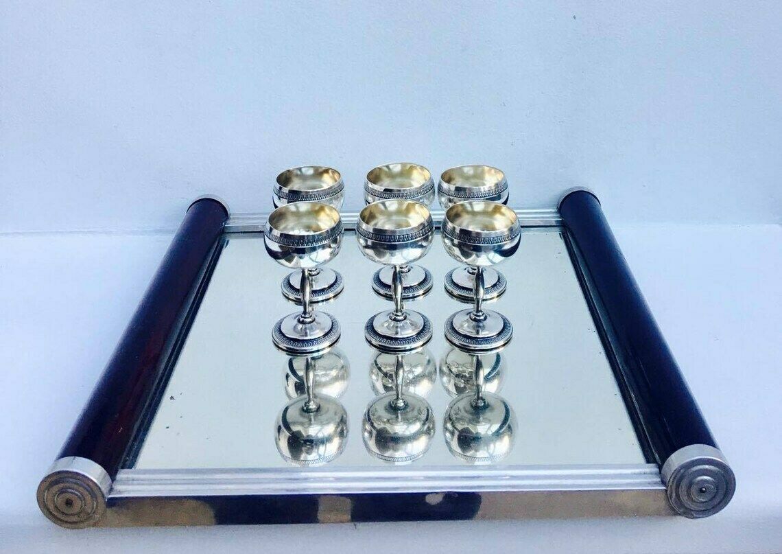 photo furniture Six, Liqueur Glasses, Metal Shot, Glass, Set Tequila Shots, Silvered Metal Liqueur Service Louis XVI Metal Shot Glass Set, Bar Accessorie