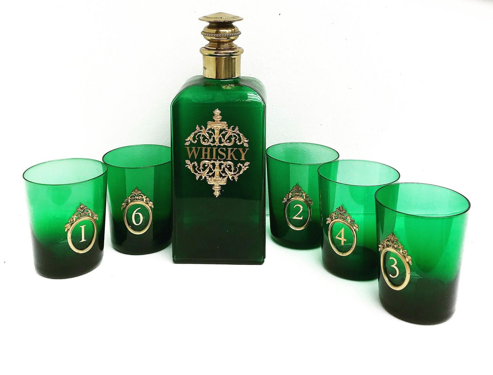 Decanter Set Whisky Brandy Bottle 5 Tumblers Liquor Carafe Green Emerald Glass Brass Decor Bar Cart Gift For Man Cave Decor Gift For Him