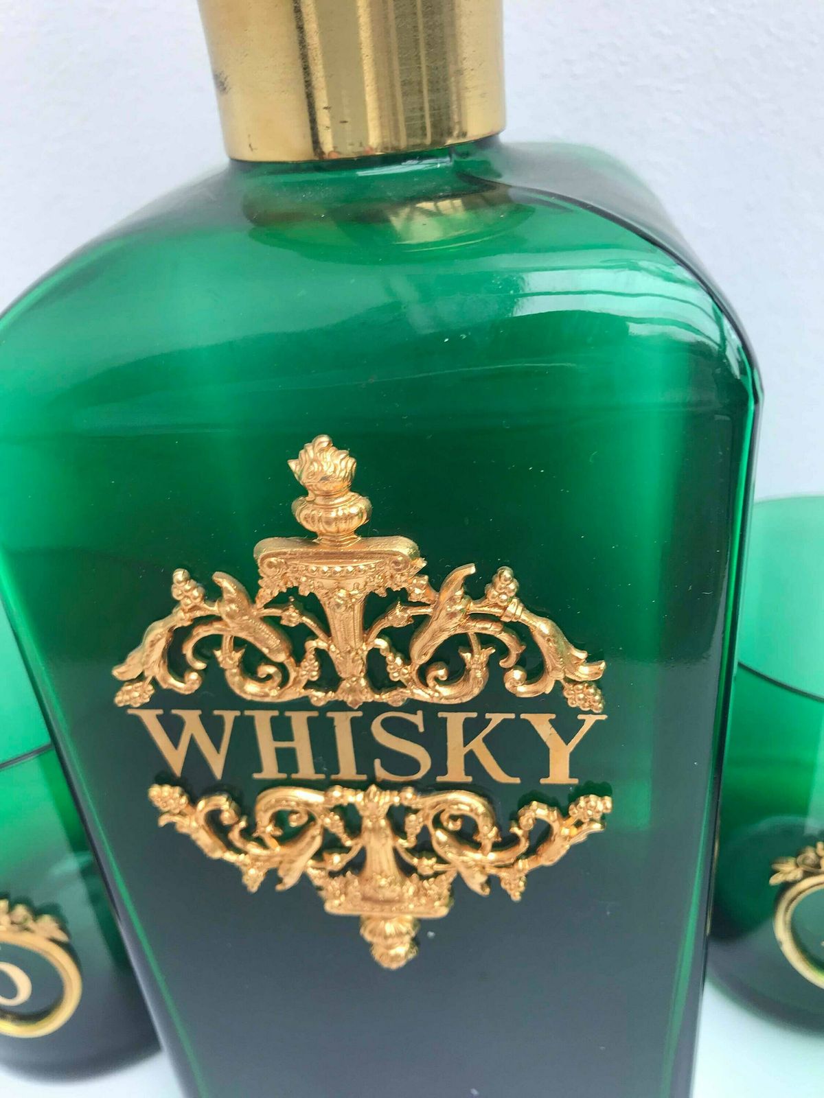 Decanter Set Whisky Brandy Bottle 5 Tumblers Liquor Carafe Green Emerald Glass Brass Decor Bar Cart Gift For Man Cave Decor Gift For Him photo 254.0