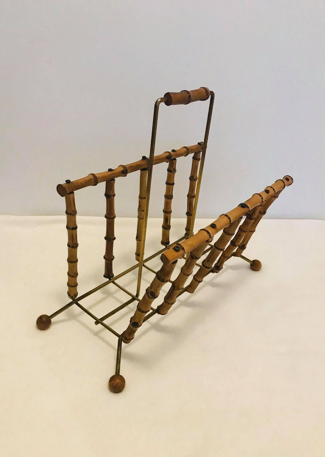 Magazine Rack Holder Bamboo Vintage 60s French Boho Chic Sputnik Atomic Era Newspaper Stand Rattan Mid Century Home Decor Bohemian Tiki Gift photo Home Decor