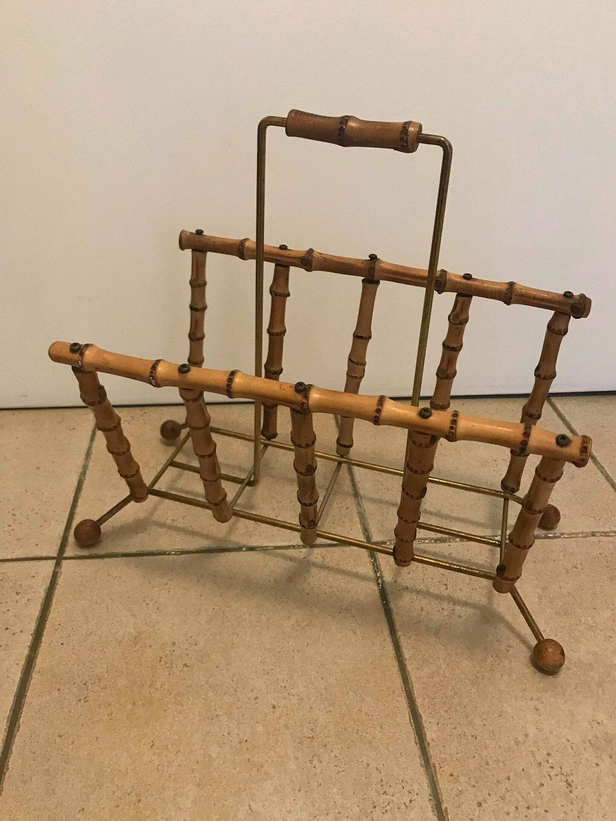 Magazine Rack Holder Bamboo Vintage 60s French Boho Chic Sputnik Atomic Era Newspaper Stand Rattan Mid Century Home Decor Bohemian Tiki Gift photo vinterior
