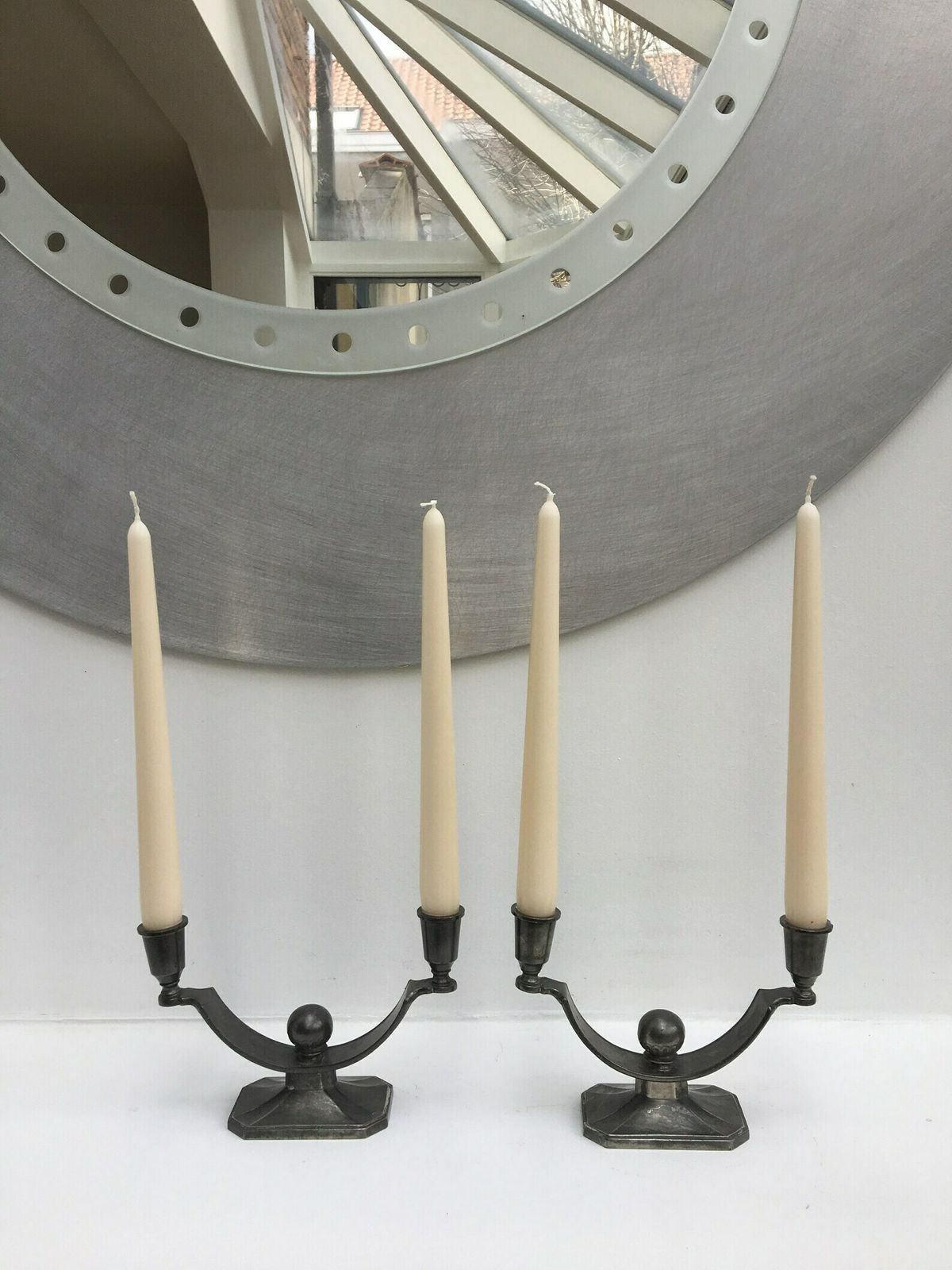 Scandinavian Candlesticks Holders Just Andersen Art Deco Pewter Denmark 1932 Scandinavian Danish Metal Pewter Candelabra Denmark photo for sale