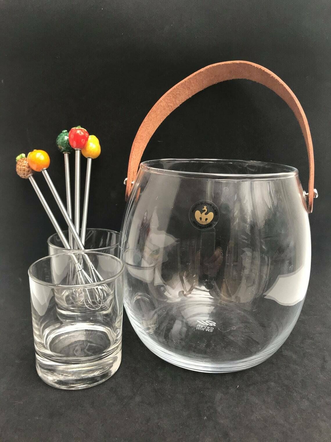 Seau à glace et 2 verres à cocktail avec agitateurs Holmegaard Glass, décoration de bar, fruits tropicaux