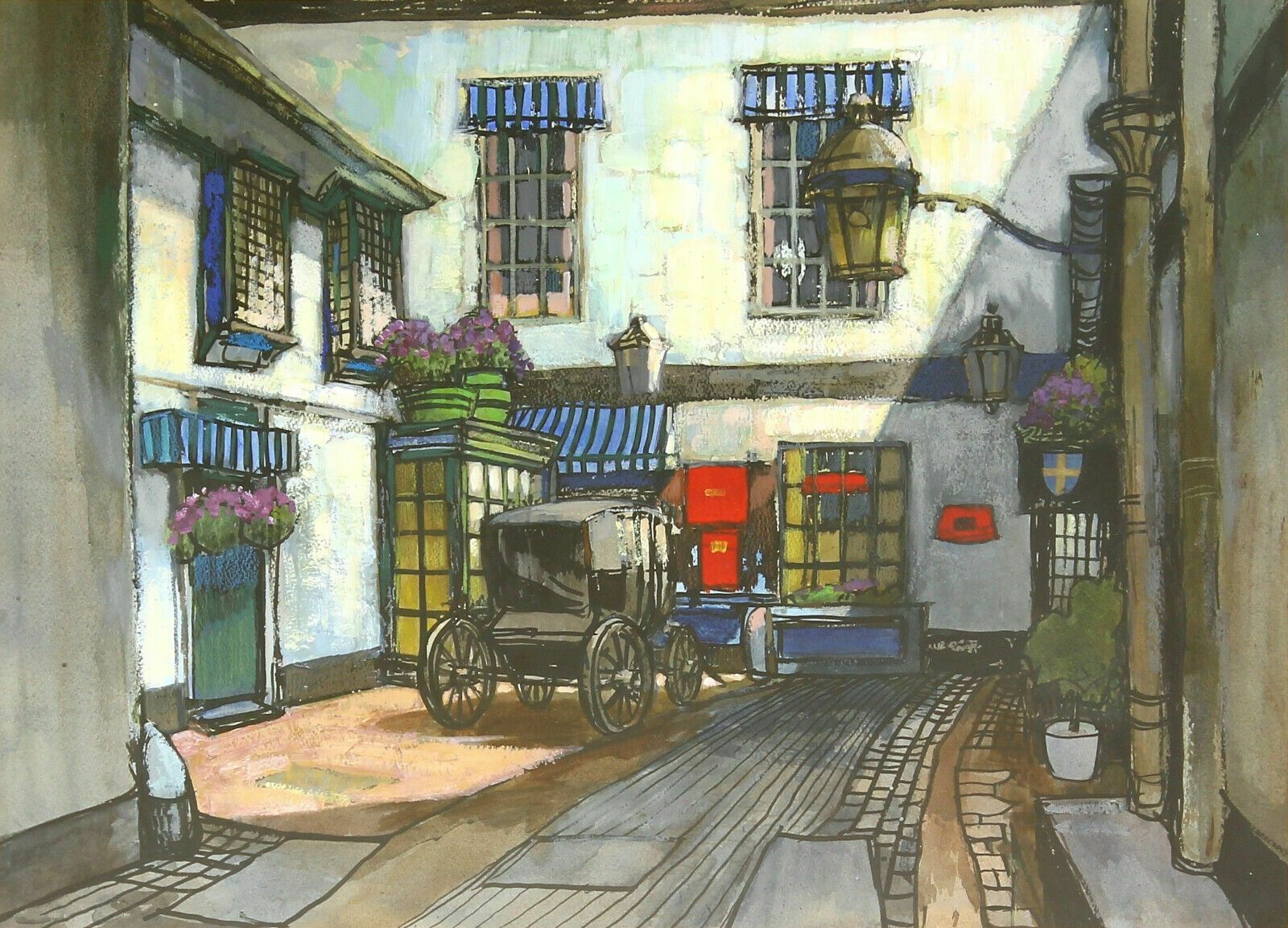 Acrylic Painting By Frederick George Wills. Horse Drawn Coach In A Courtyard photo furniture