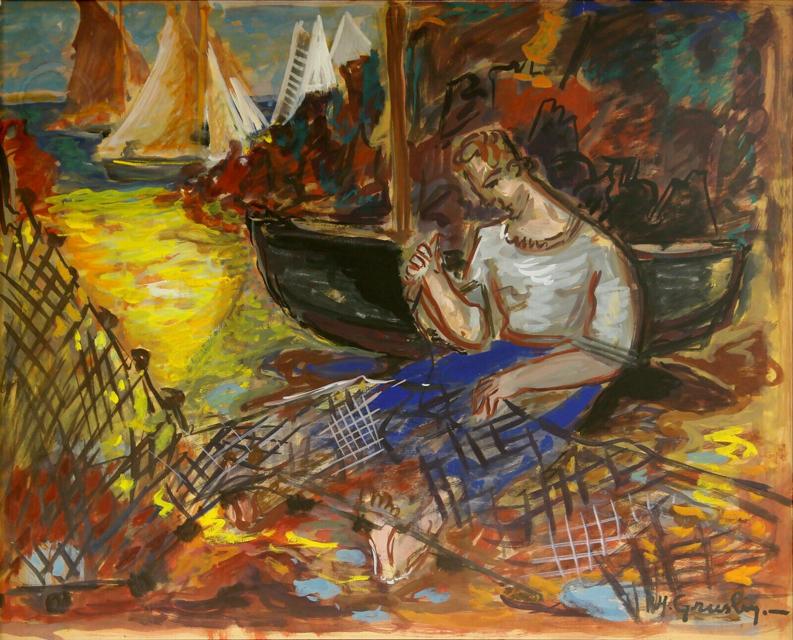 Fauvist Acrylic Painting Depicting A Fisherman Mending Nets. photo furniture