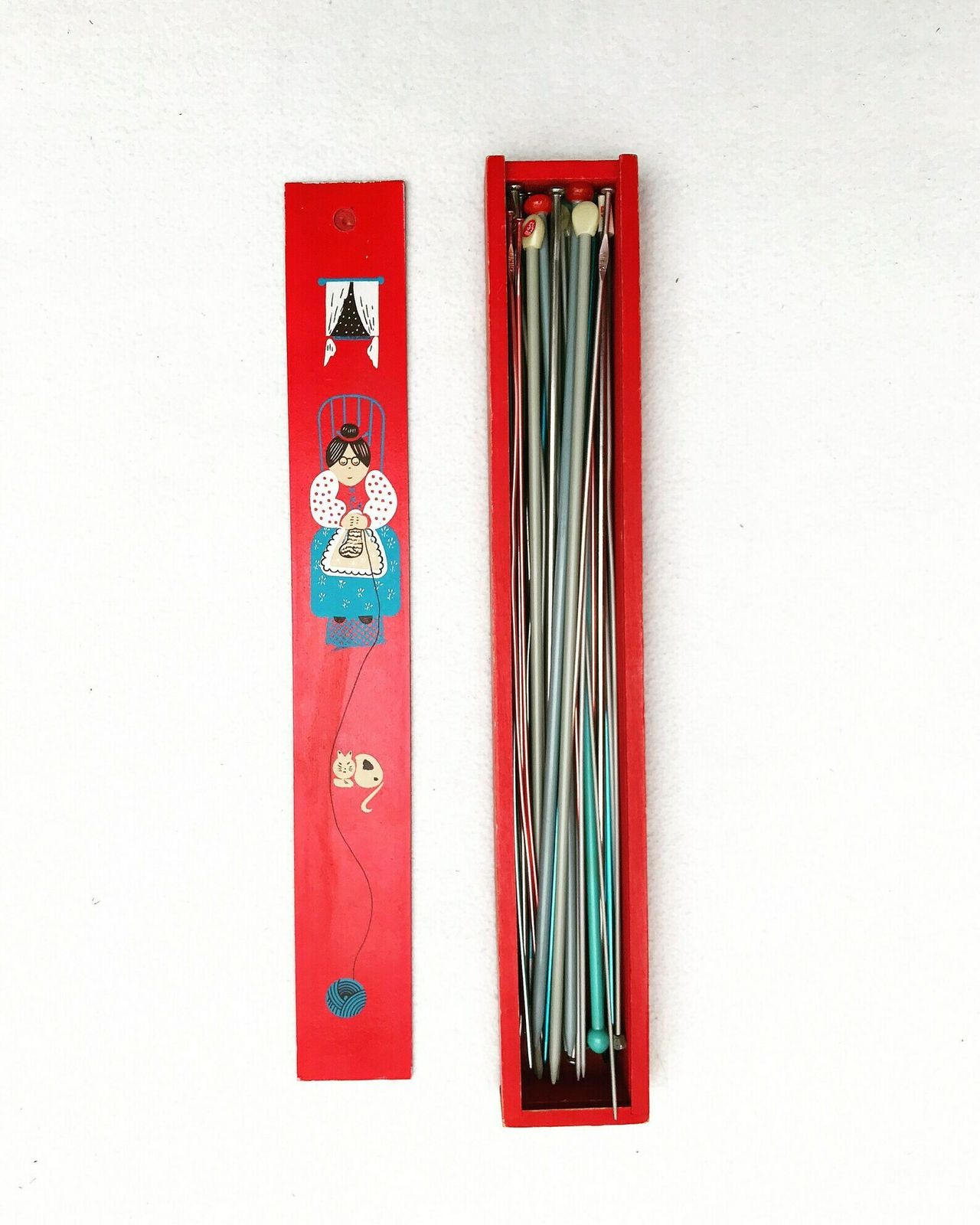 Vintage Knitting Needle Box Red Needles Vintage Wooden Pencil Box Grand Mother Gift Lot Knitting Needles Large Pen Box Knitting Needle Box