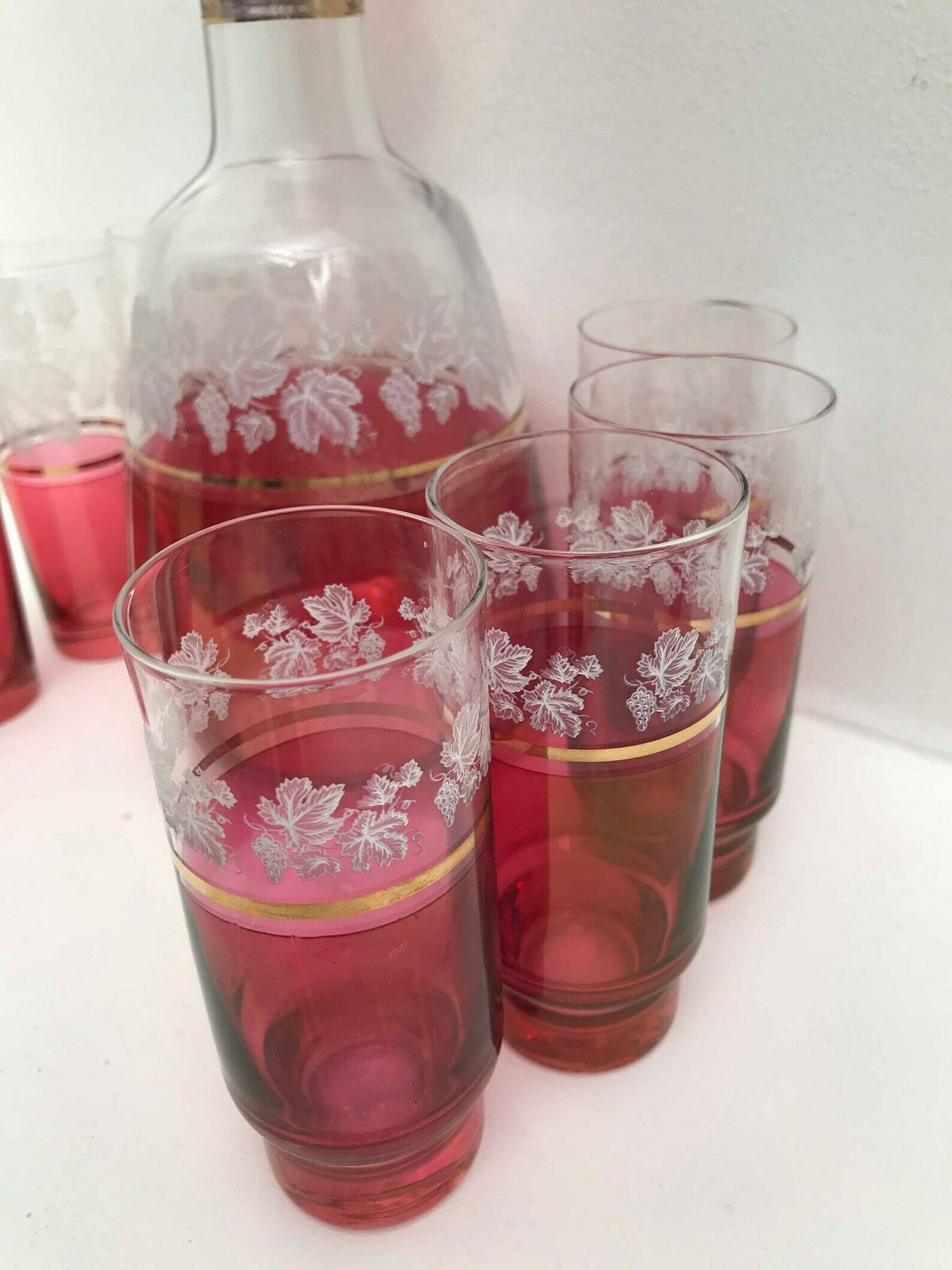 Decanter Set Cranberry Ruby Red 8 Liquor Glasses And Decanter Bottle Etched With Gold Rim Mid Century Vintage Tumbler Set Wedding Gift photo vintage
