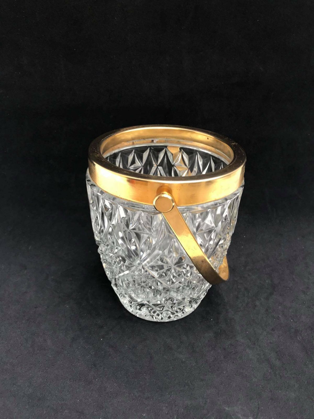 Ice Bucket Heavy Cut Crystal French With Golden Metal Handles Mid Century Barware Mixology Tools Bar Cart Hollywood Regency Man Cave Gift photo vintage