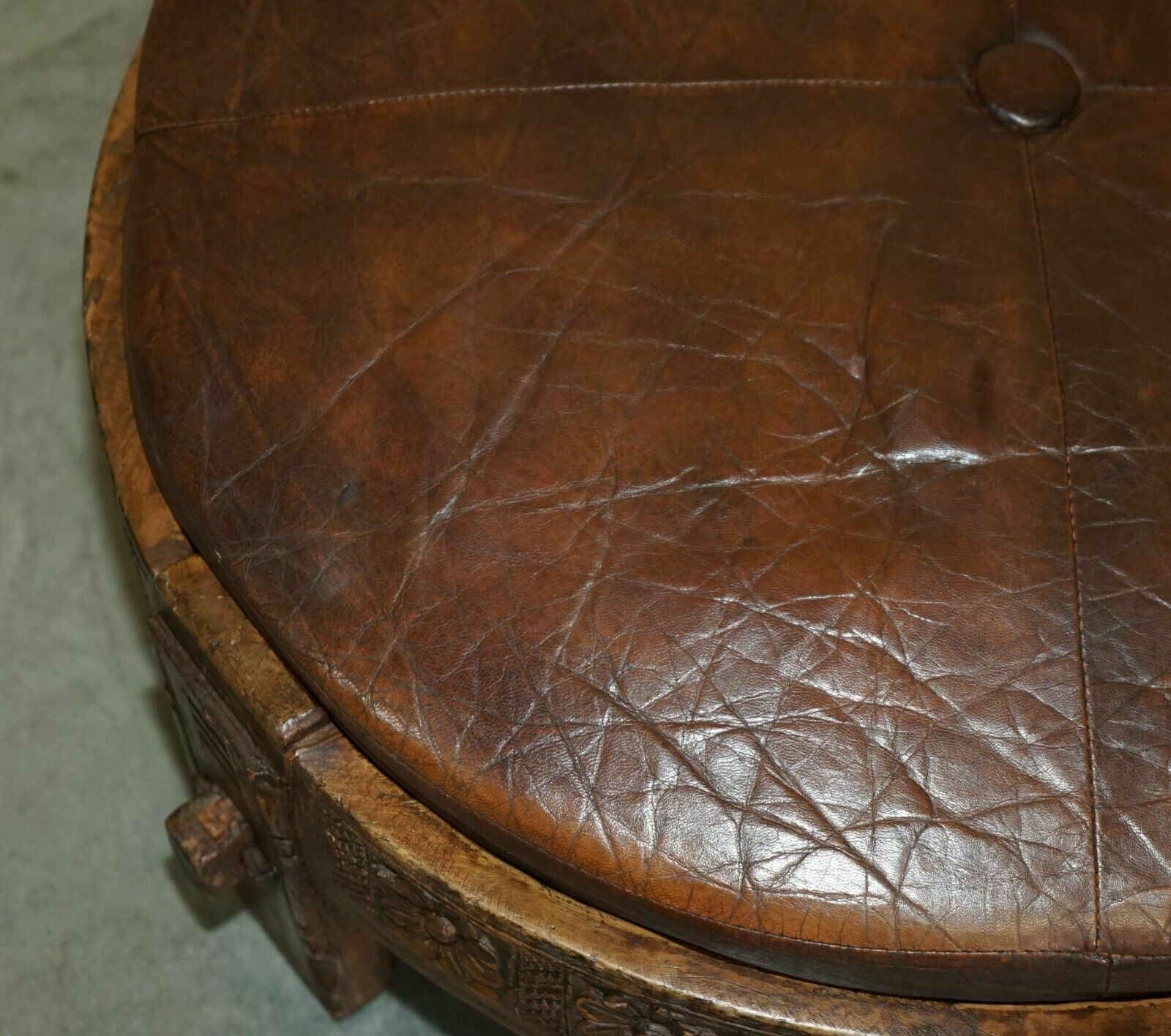Furniture Antique Circa 1850 Hand Carved Brown Leather Olive Press Coverted To Footstool photo