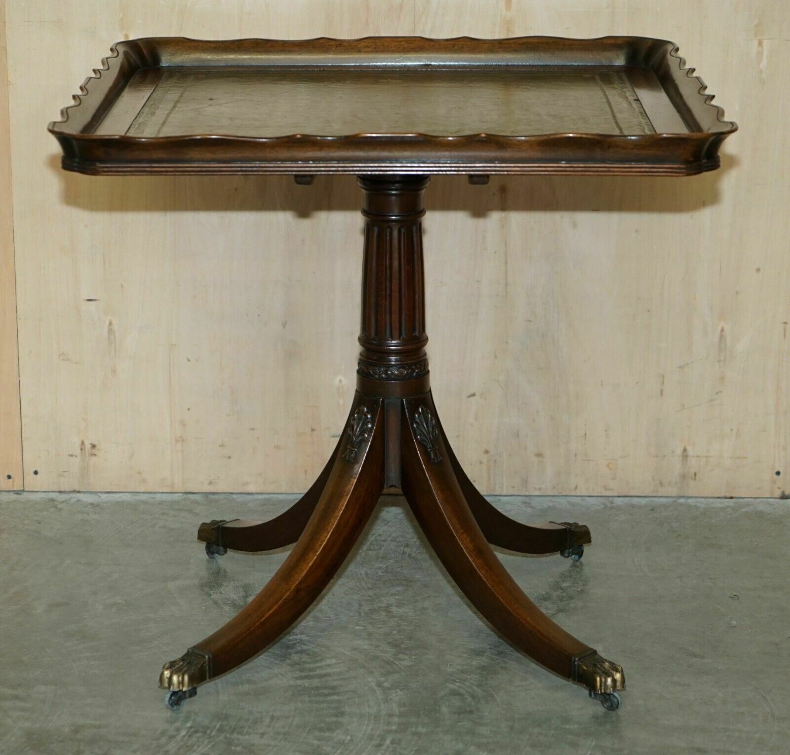 Large Ornately Carved Antique Mahognay & Green Leather Tilt Top Centre Table photo for sale