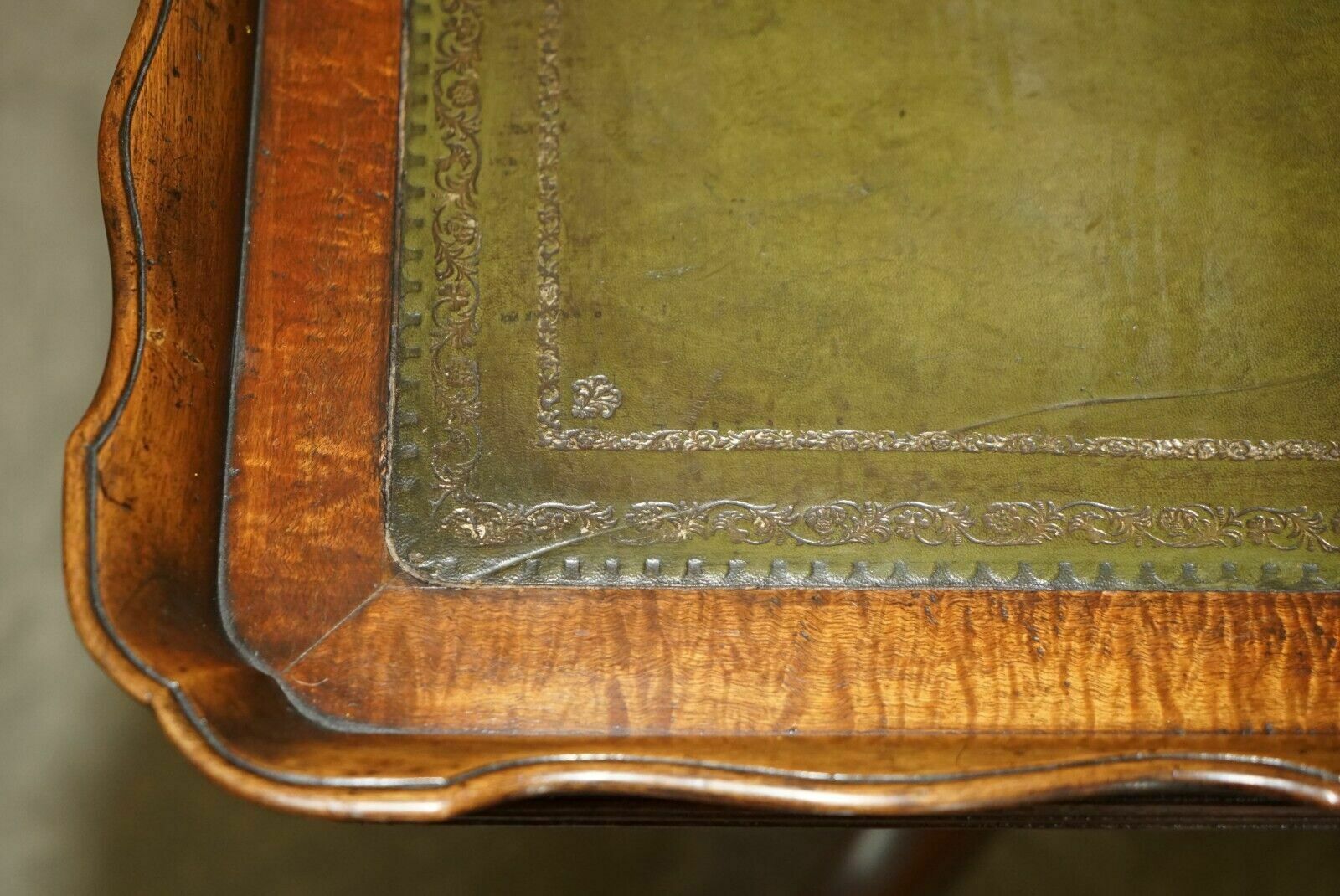 photo buy Large Ornately Carved Antique Mahognay & Green Leather Tilt Top Centre Table