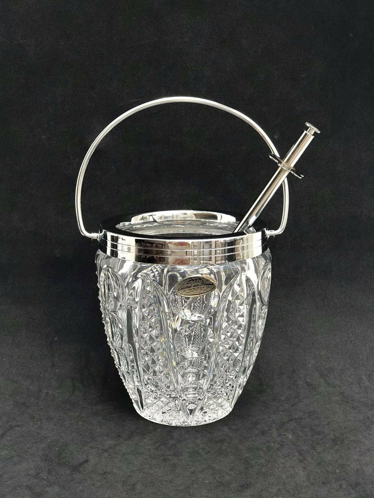 photo for sale Crystal Ice Bucket, 50s Carved With Metal Vintage Accessoires Bar, Bar Cart Decor, Christmas Gift