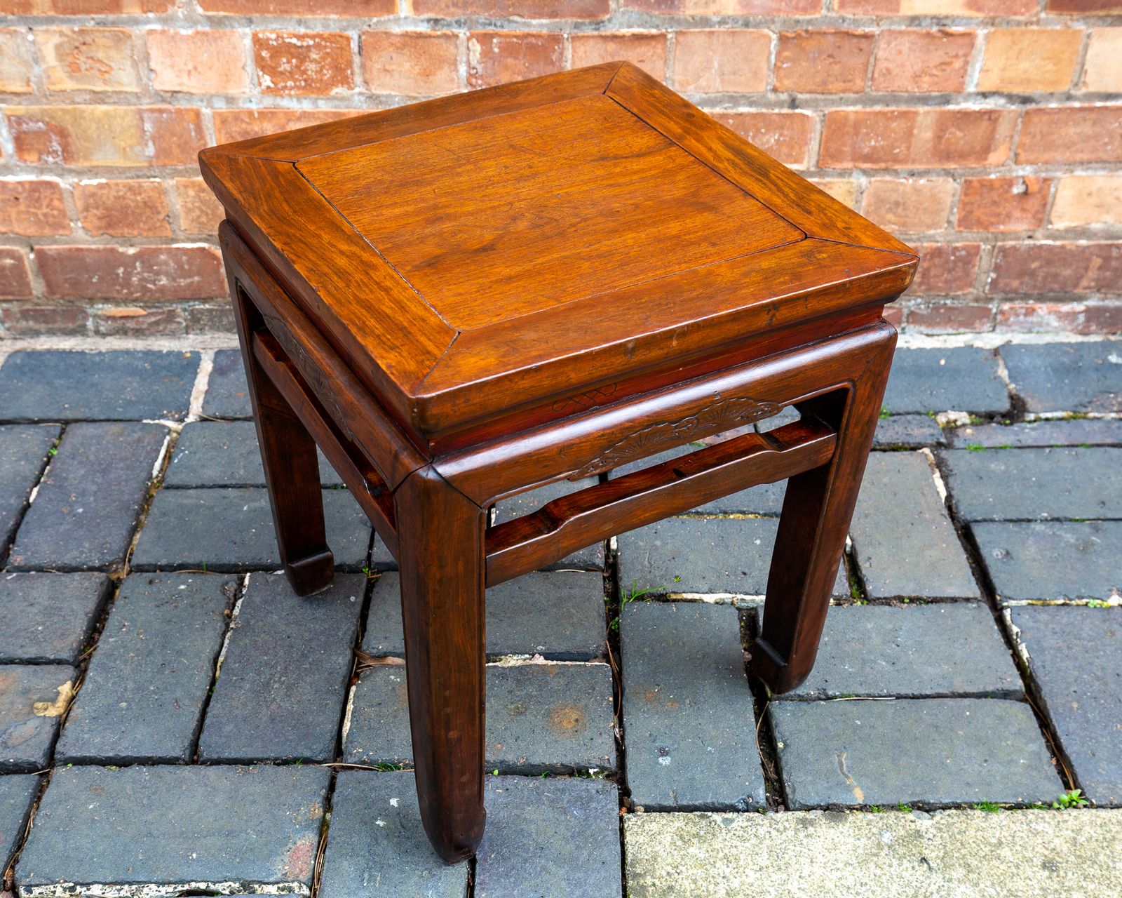 750.0 Antique Chinese Square Humpback Lamp Table Coffee Side Qing Dynasty 1900 Bat Carving Jumu Southern Elm Wood Infinity Knot photo