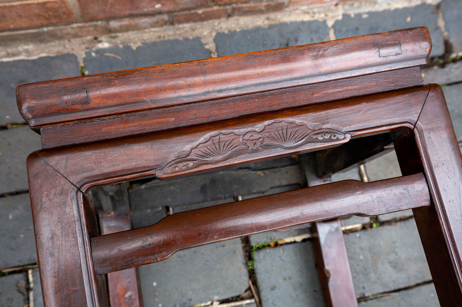 Antique Chinese Square Humpback Lamp Table Coffee Side Qing Dynasty 1900 Bat Carving Jumu Southern Elm Wood Infinity Knot photo Furniture