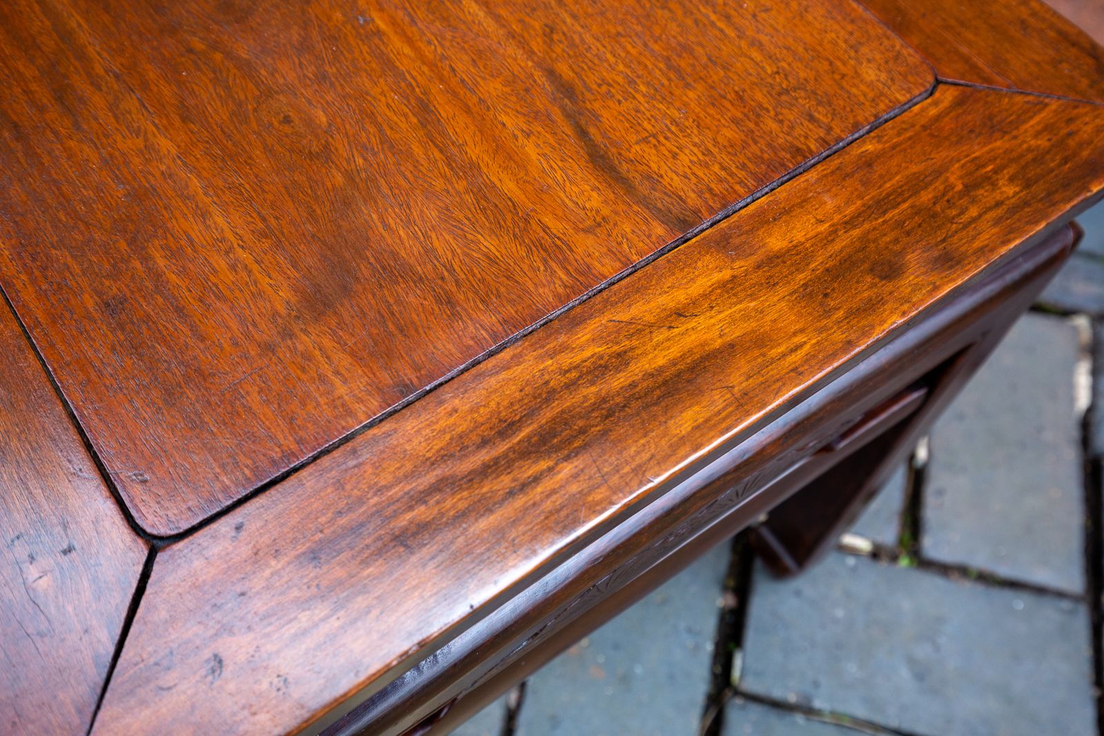 Antique Chinese Square Humpback Lamp Table Coffee Side Qing Dynasty 1900 Bat Carving Jumu Southern Elm Wood Infinity Knot photo vinterior