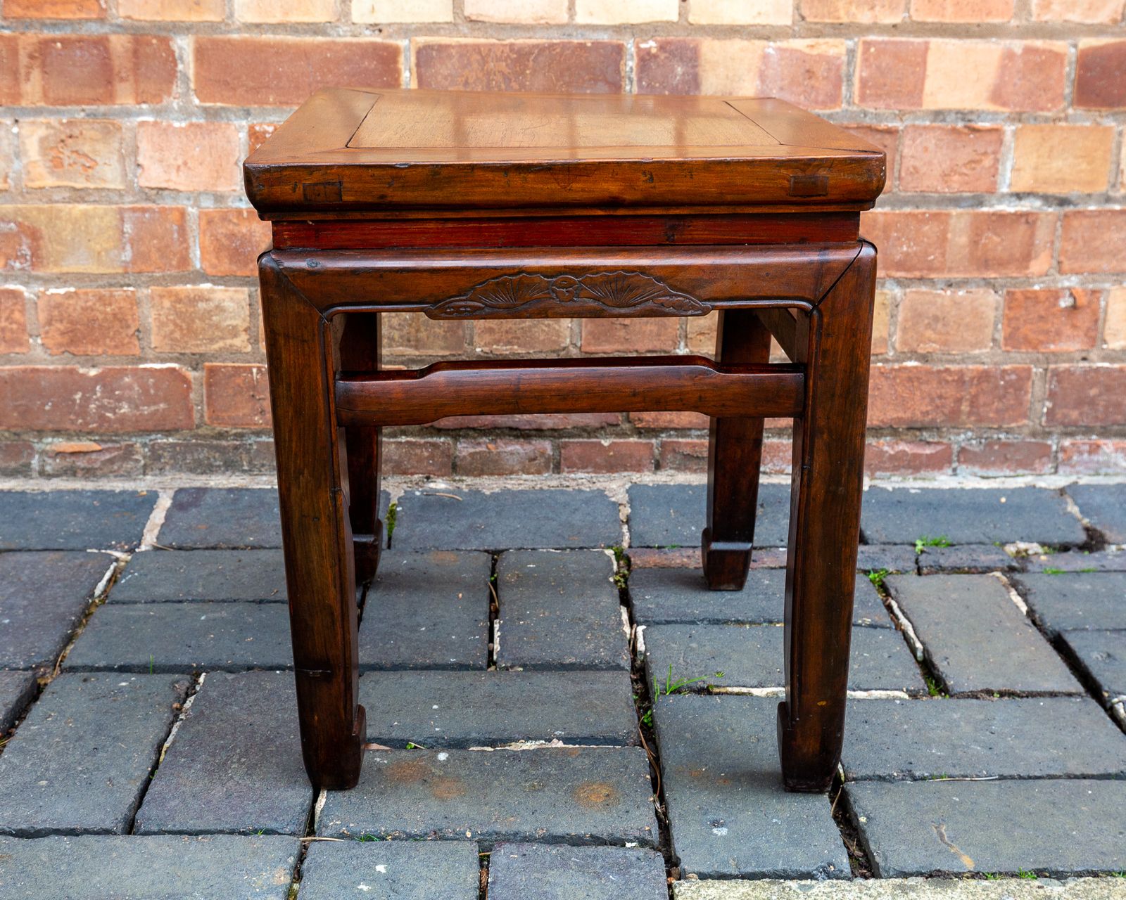photo for sale Antique Chinese Square Humpback Lamp Table Coffee Side Qing Dynasty 1900 Bat Carving Jumu Southern Elm Wood Infinity Knot