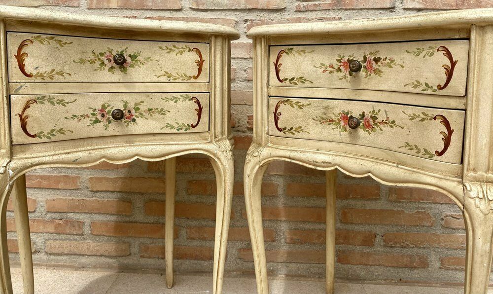 Two Drawers Painted In Light Beige Wood Kidney Nightstands, 1940s, Set Of 2 photo for sale