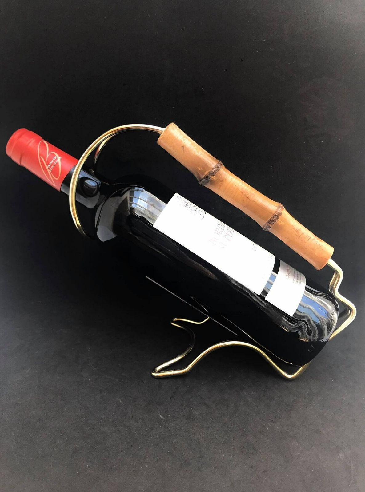 Wine Bottle Holder Wine Pourer Stand Caddy Gold Light Wire And Bamboo On The Handle, 70s Bar Cart Hollywood Regency Gift For Him photo Home Decor