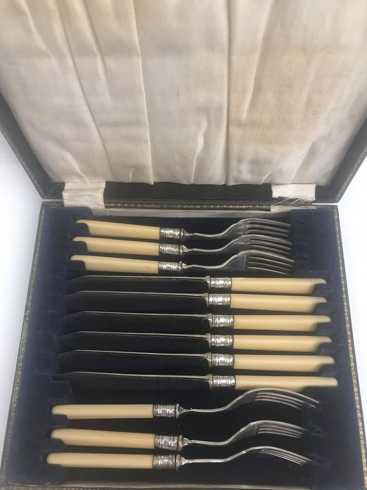 Seafood Cutlery Flatware Forks 12 Boxed Fish Cutlery Silver Plated Bands, Stainless Steel And Ivorine Table Holiday Dinner Wedding Gift photo buy