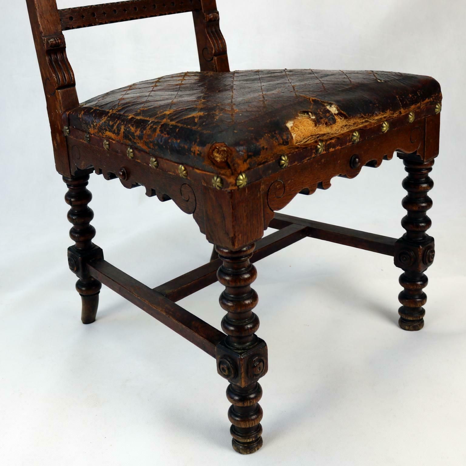photo furniture Reanaissance Revival Hand Carved Chair With Embossed Leather 19th Century