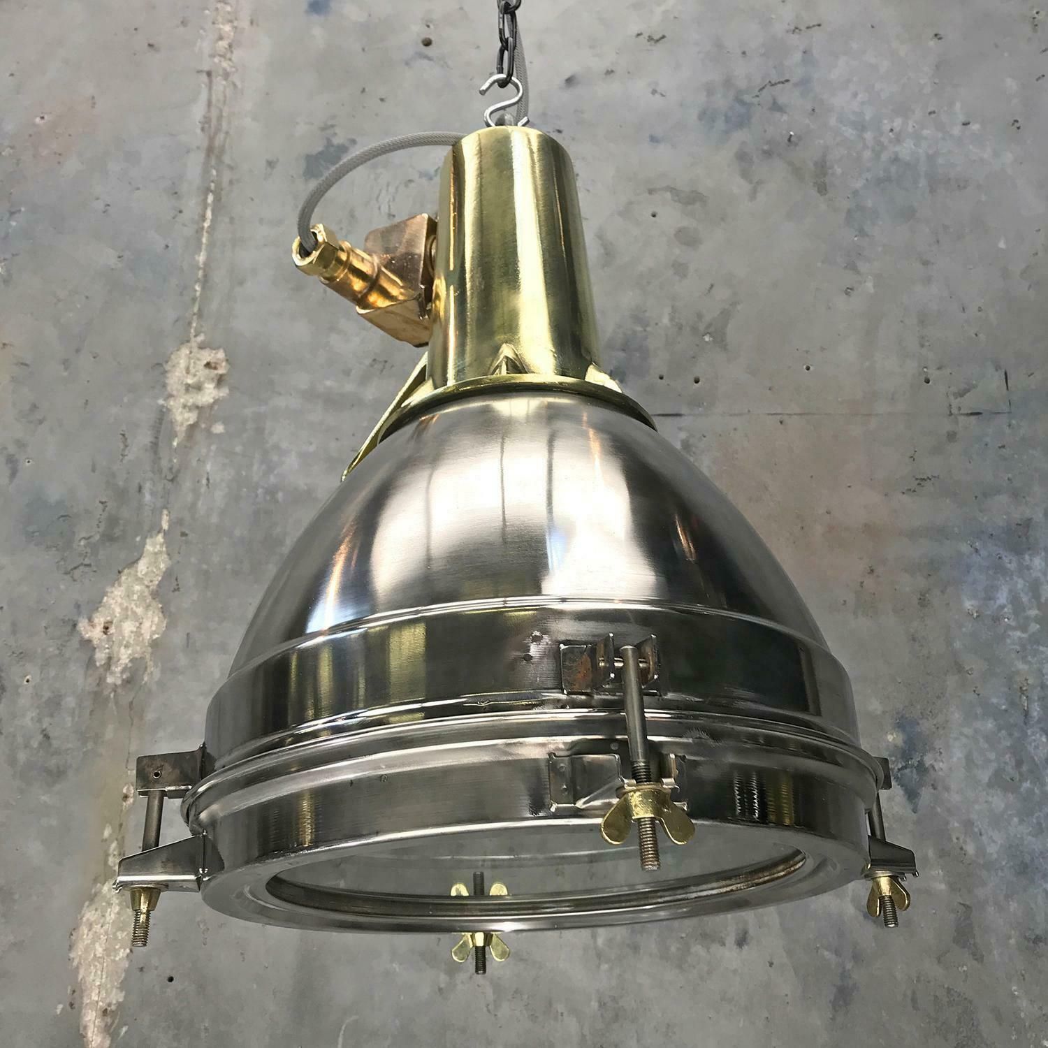 1970s Japanese Large Stainless Steel, Cast Brass And Glass Search Light Pendant photo furniture