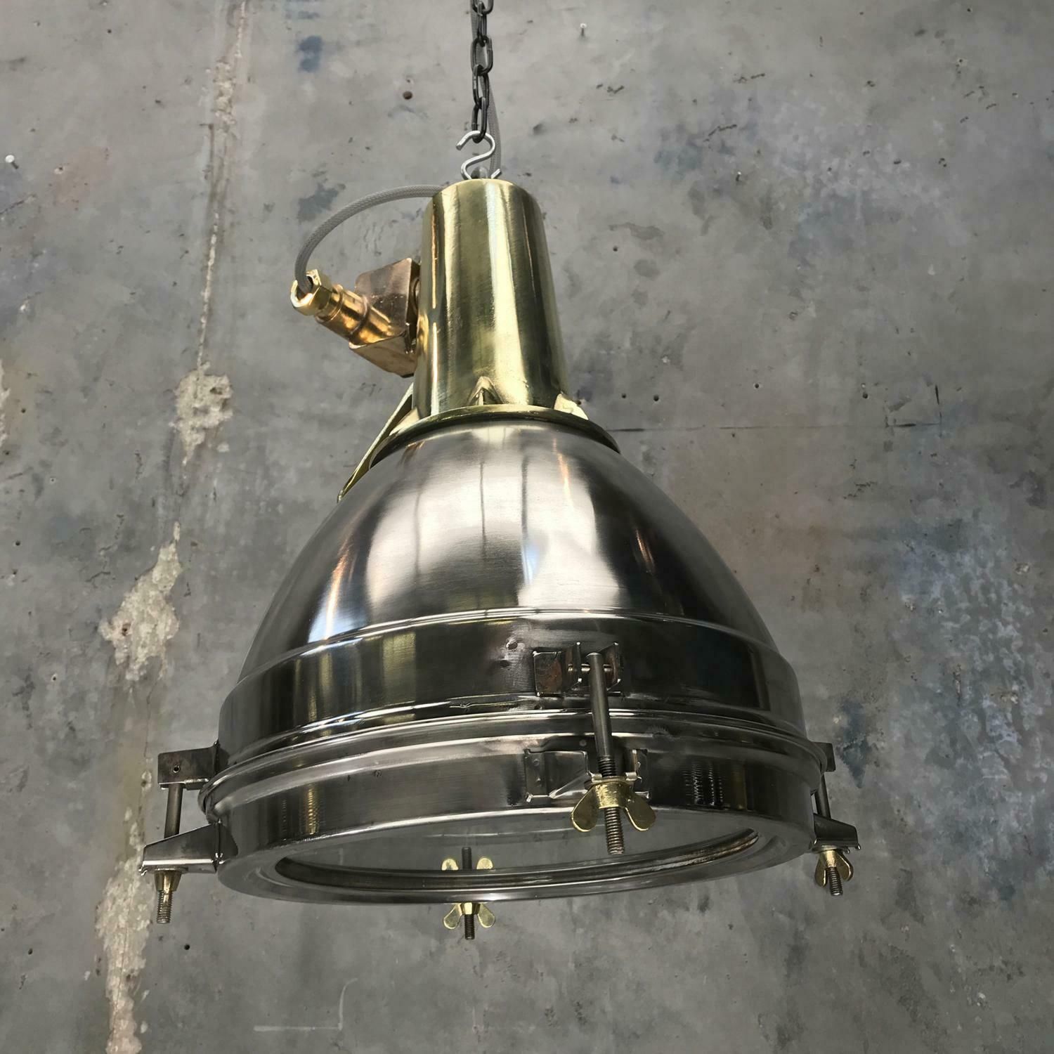 1970s Japanese Large Stainless Steel, Cast Brass And Glass Search Light Pendant photo for sale