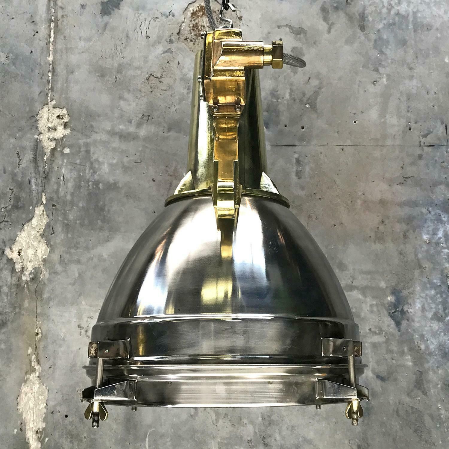 1970s Japanese Large Stainless Steel, Cast Brass And Glass Search Light Pendant photo vintage