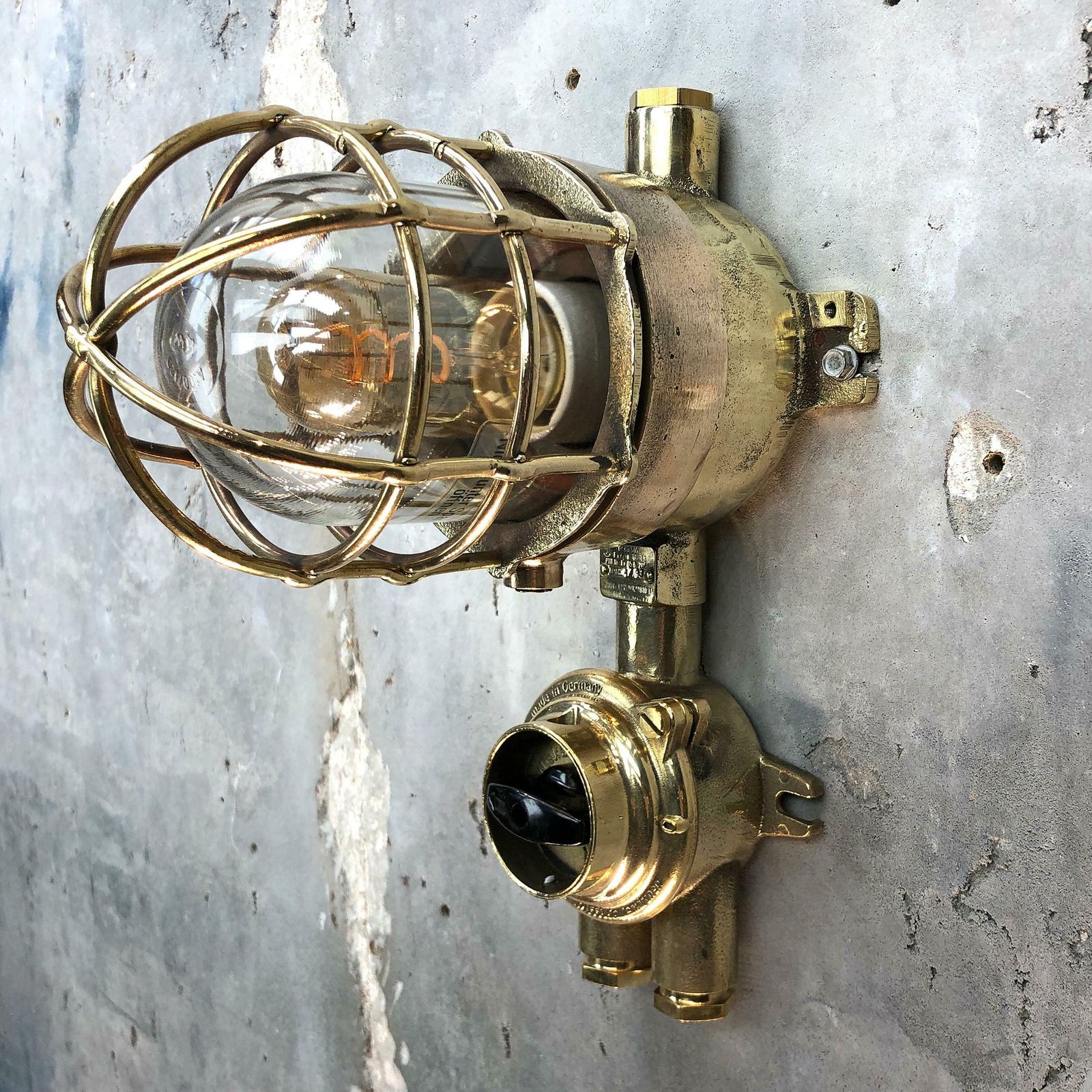 1970s German Cast Brass Explosion Proof Wall Light Glass Shade And Roundabout Switch photo Lighting