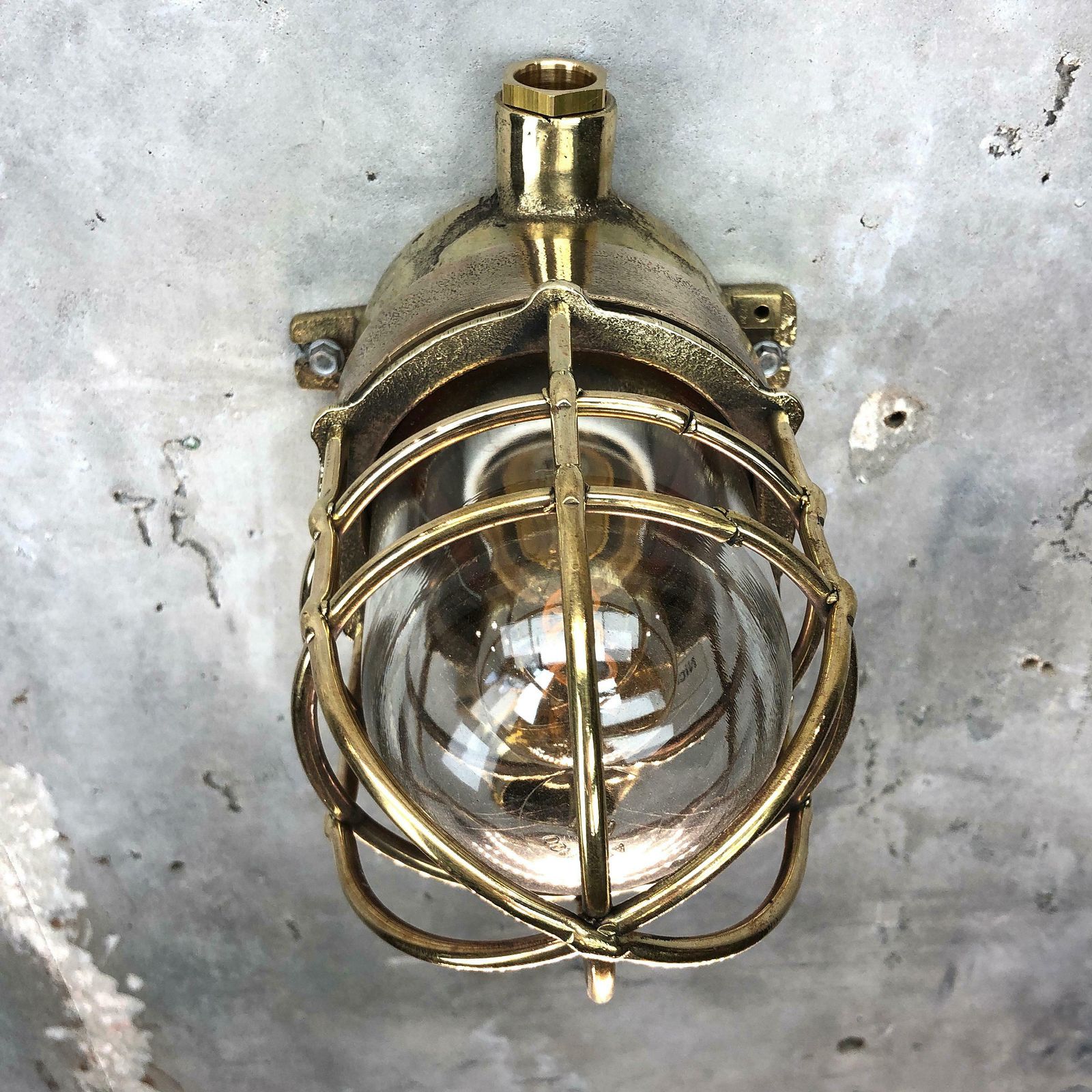 1970s German Cast Brass Explosion Proof Wall Light Glass Shade And Roundabout Switch photo vinterior