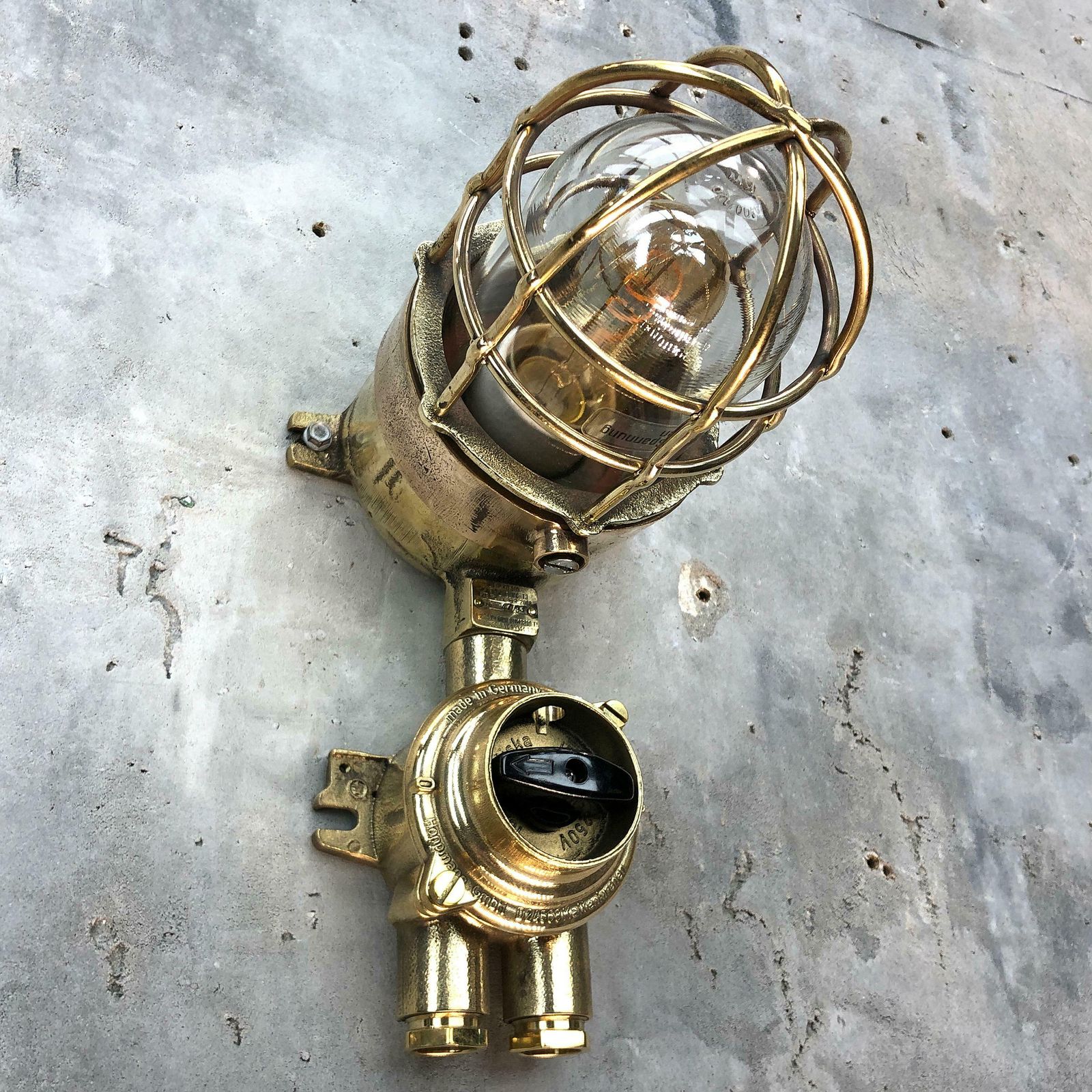 photo furniture 1970s German Cast Brass Explosion Proof Wall Light Glass Shade And Roundabout Switch