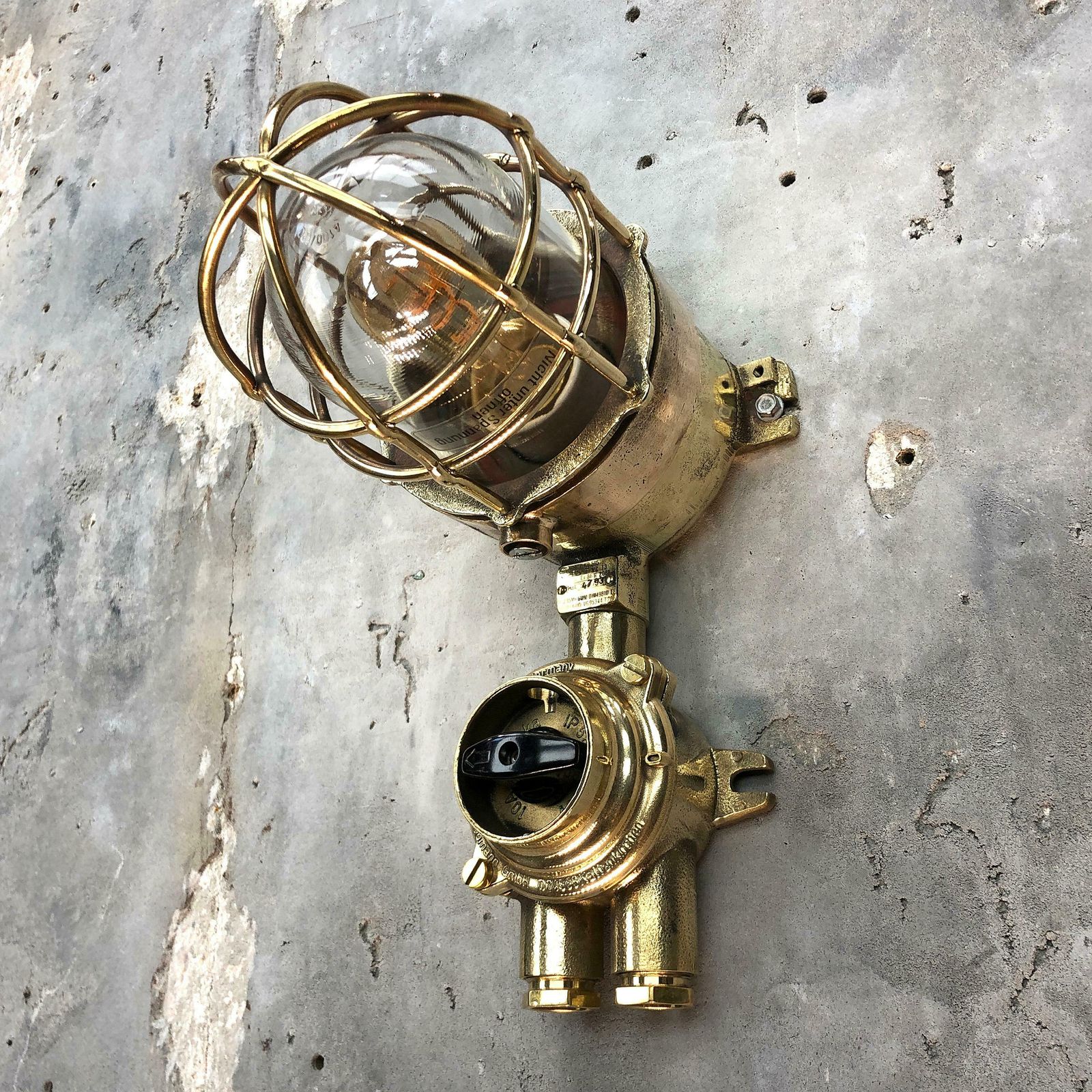 Lighting 1970s German Cast Brass Explosion Proof Wall Light Glass Shade And Roundabout Switch photo