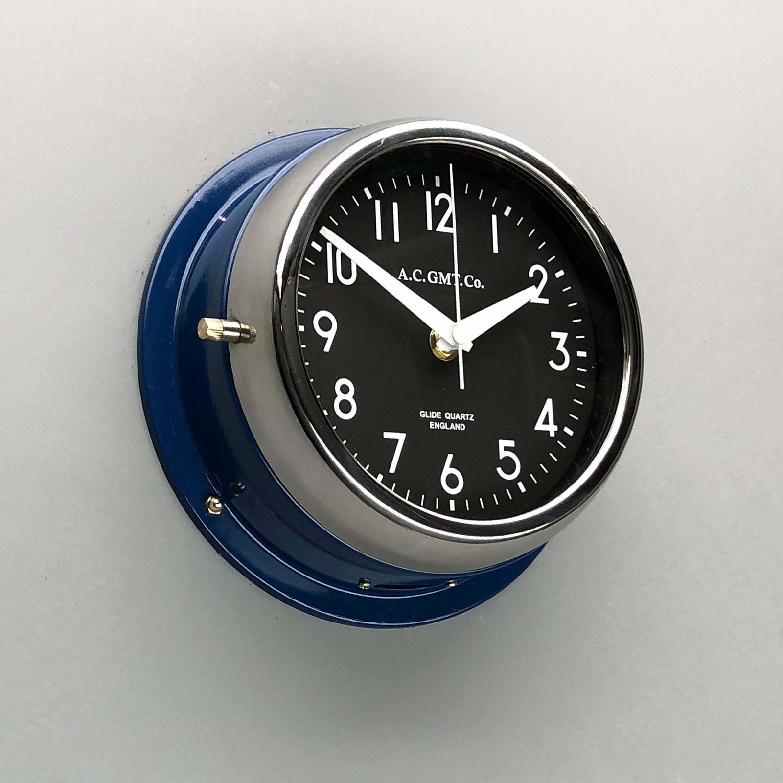 1970s British Classic Blue & Chrome Ac.Gmt.Co. Industrial Wall Clock Black Dial photo for sale