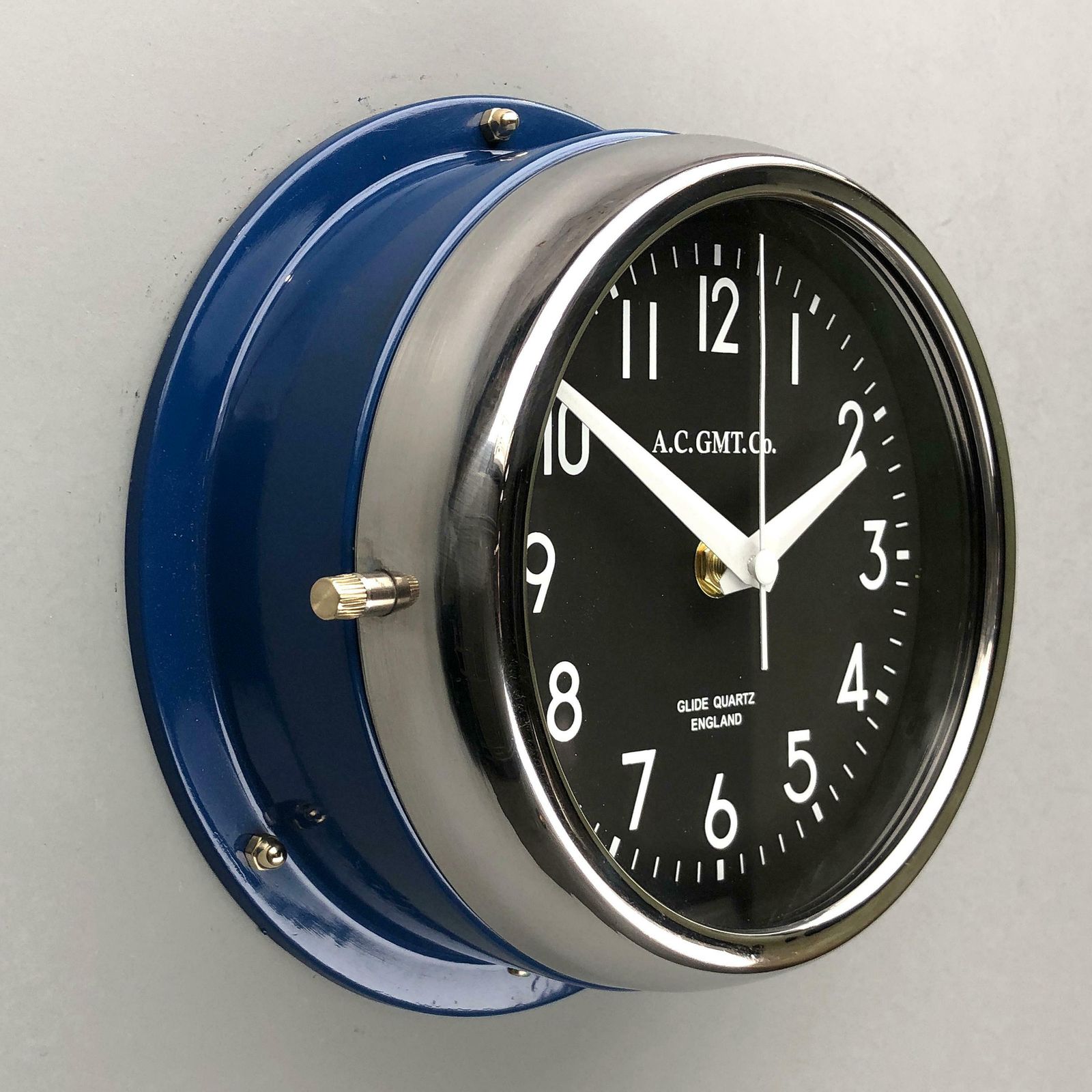 1970s British Classic Blue & Chrome Ac.Gmt.Co. Industrial Wall Clock Black Dial photo vintage