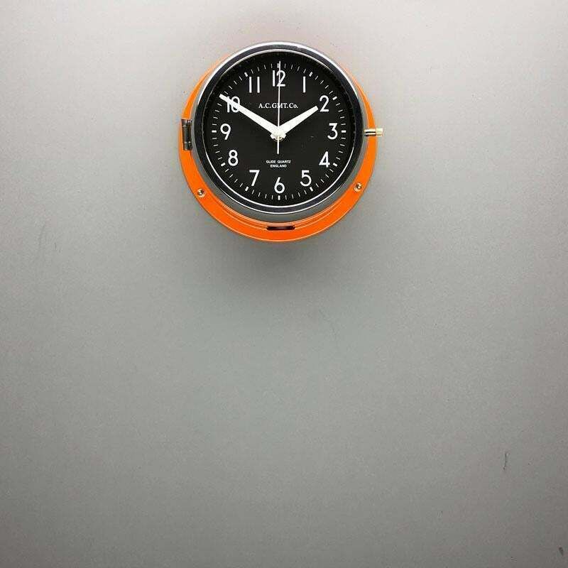 1970s British Orange & Chrome Ac Gmt Co. Industrial Wall Clock Black Dial