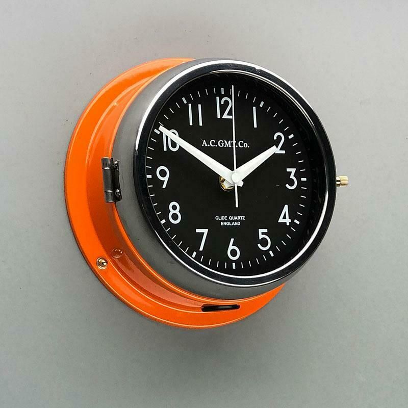 photo for sale 1970s British Orange & Chrome Ac Gmt Co. Industrial Wall Clock Black Dial