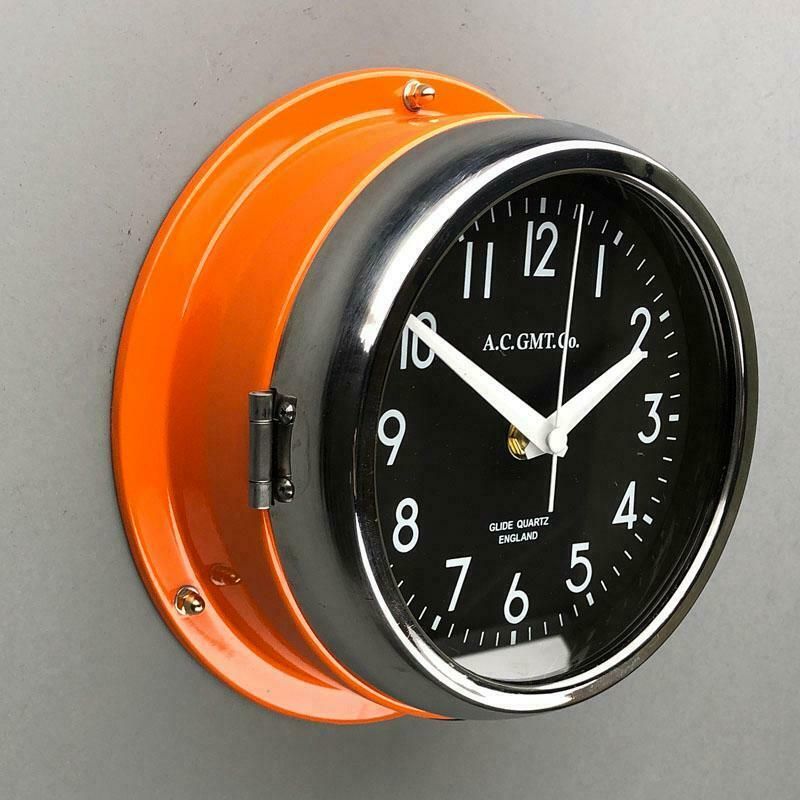 photo buy 1970s British Orange & Chrome Ac Gmt Co. Industrial Wall Clock Black Dial