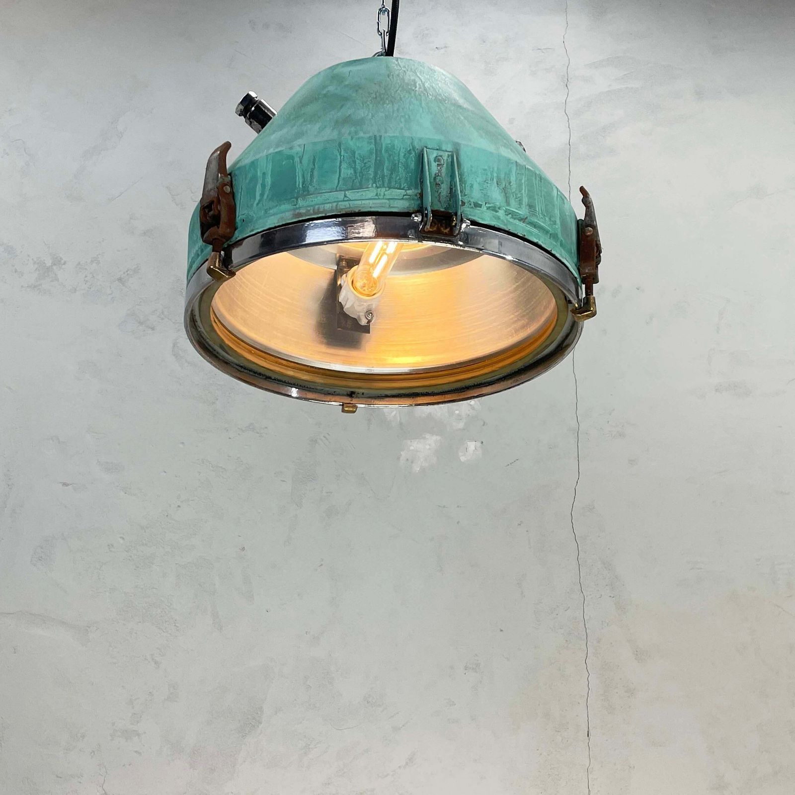 1970''S German Veb Steel & Copper Verdigris Industrial Pendant Lamp, Teal Finish photo for sale