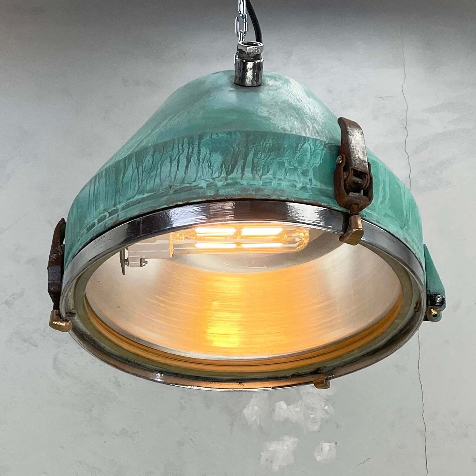 1970''S German Veb Steel & Copper Verdigris Industrial Pendant Lamp, Teal Finish photo 425.0