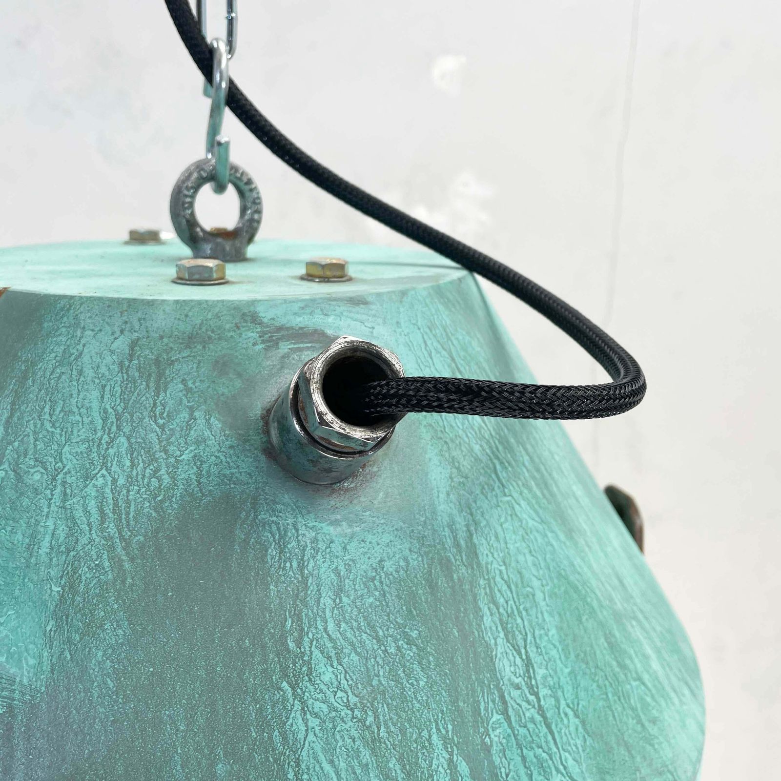 425.0 1970''S German Veb Steel & Copper Verdigris Industrial Pendant Lamp, Teal Finish photo