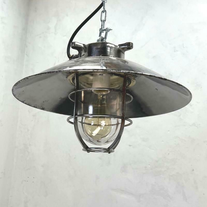 1980''S Japanese Cast Steel Explosion Proof Pendant, Cage & Glass Shade, Large photo furniture