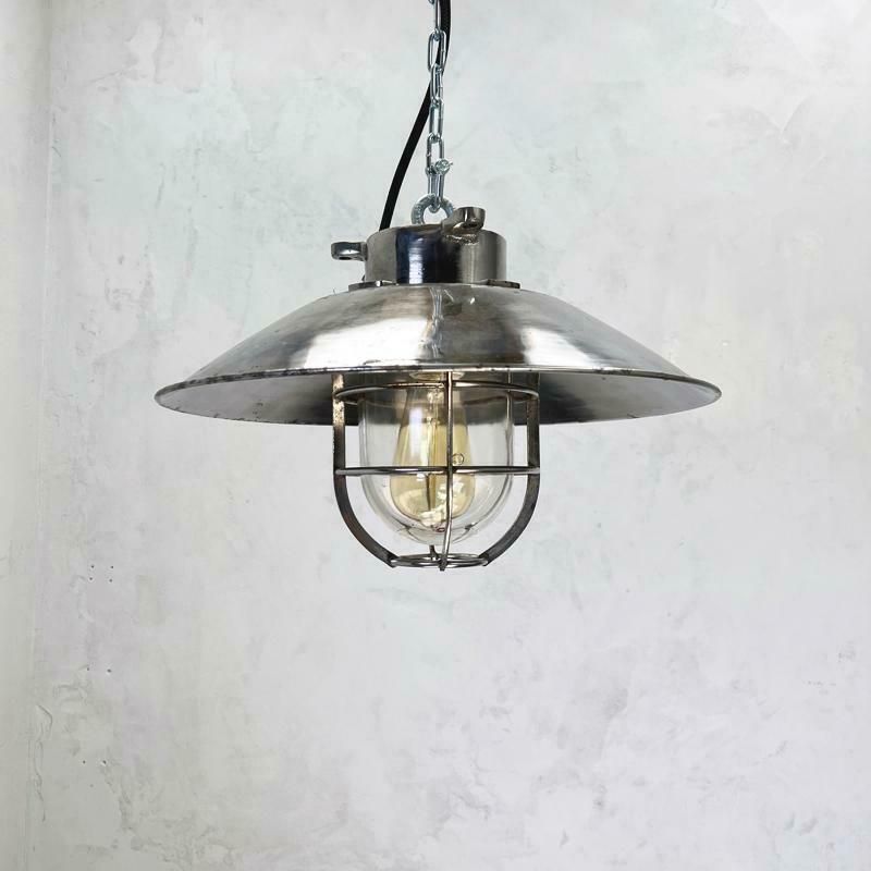 1980''S Japanese Cast Steel Explosion Proof Pendant, Cage & Glass Shade, Large photo 350.0