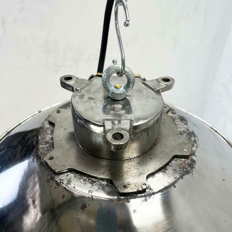 1980''S Japanese Cast Steel Explosion Proof Pendant, Cage & Glass Shade, Large photo vintage