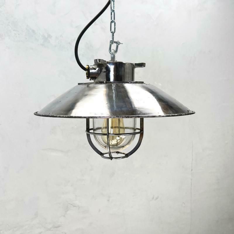 Lighting 1980''S Japanese Cast Steel Explosion Proof Pendant, Cage & Glass Shade, Large photo