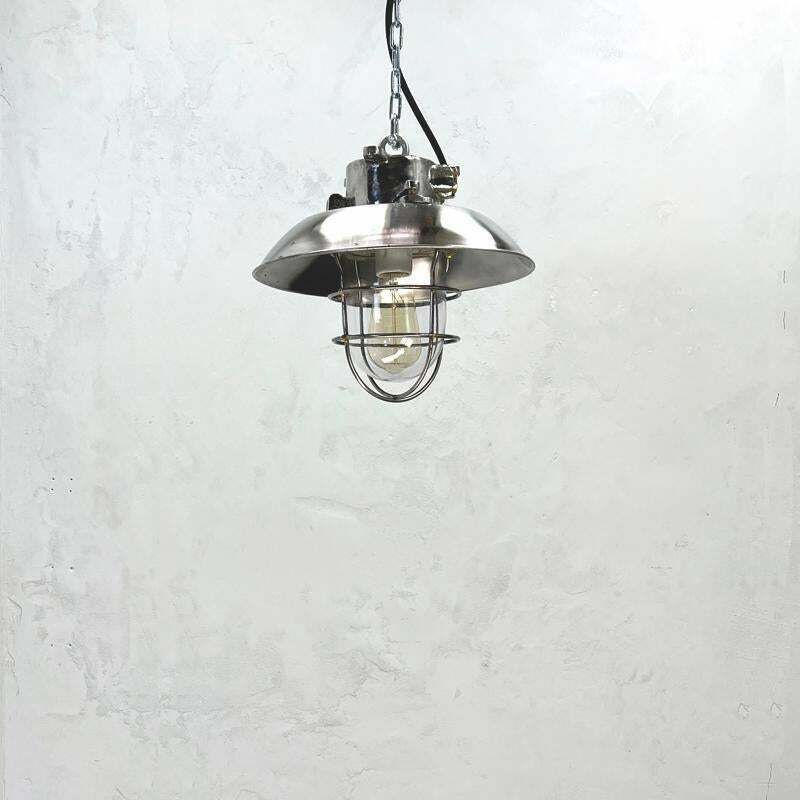 1980''S Japanese Cast Steel Explosion Proof Pendant, Cage & Glass Shade photo vintage