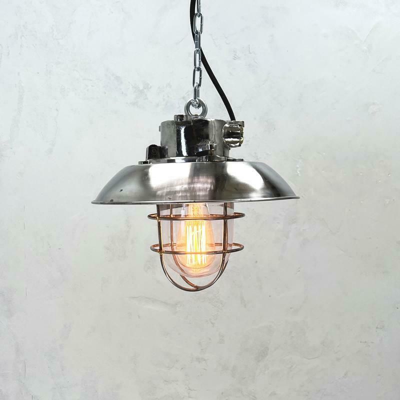 photo furniture 1980''S Japanese Cast Steel Explosion Proof Pendant, Cage & Glass Shade